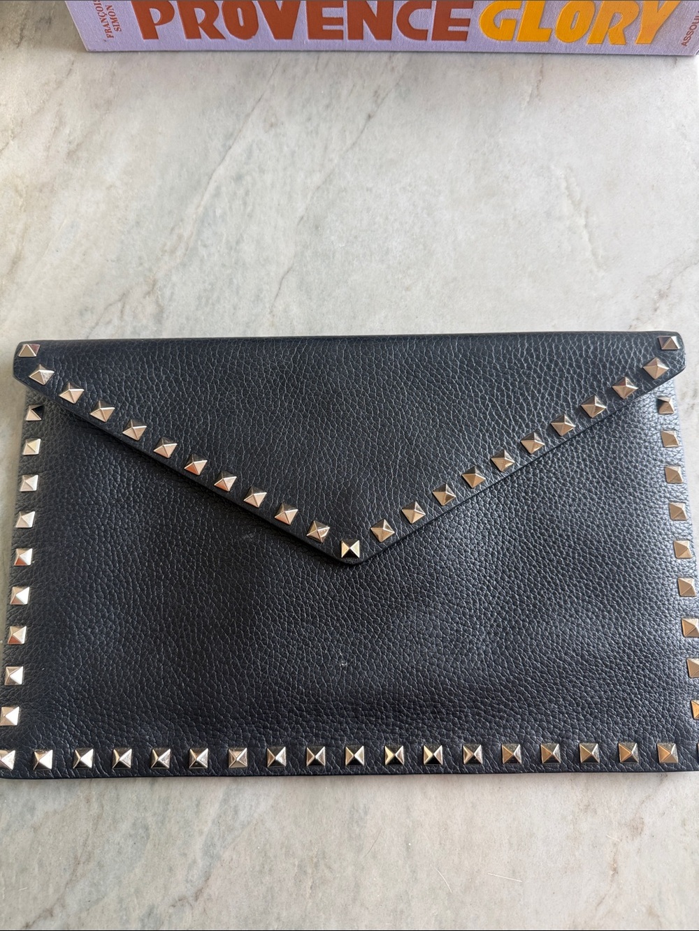 Valentino Black Envelope Clutch with Gold-Tone Pyramid Studs